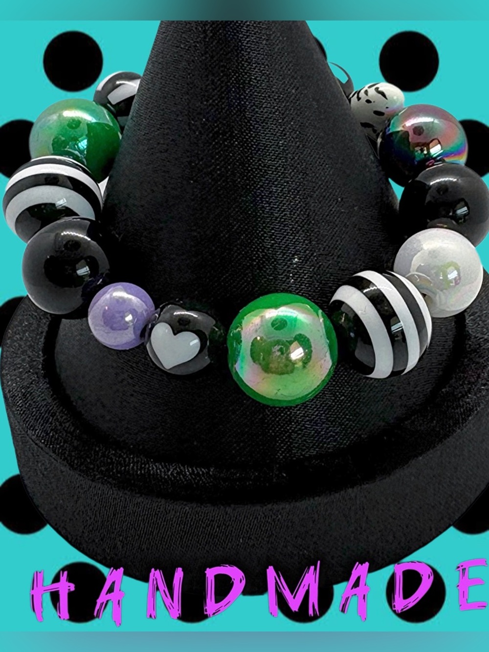 Handmade Green & Black Beaded Stretch Bracelet
